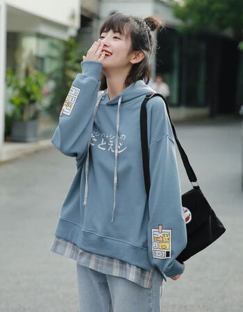 女装新款卫衣女春秋学生韩版宽松2021新款格子拼接印花连帽长袖学院风