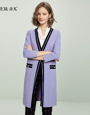 音儿yiner 休闲斯文中长款针织外套 浅紫色 36