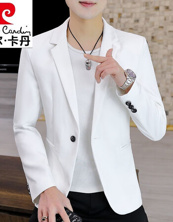 皮尔卡丹轻奢品牌白色西服男英伦风时尚韩版修身青年纯白色小西装男