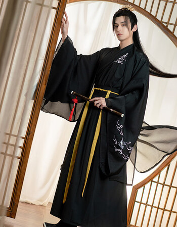 督型古装青少年男汉服大码古装秋季中国风道袍武侠风黑色古风男装表演