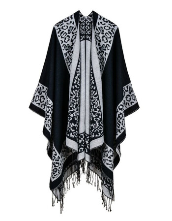 西部牛仔风男士开叉披风斗篷欧美仿羊绒保暖大披肩围巾女 黑灰豹纹
