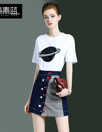 【旗舰新品】夏季套装女时装 2019夏装两件套洋气减龄时尚亮片休闲t恤