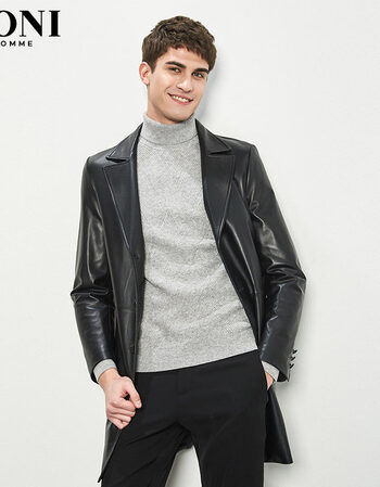boni/堡尼商务黑色翻领皮衣男真皮休闲男装中长款宽松皮风衣外套 黑色
