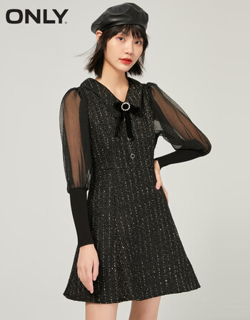 only2021冬季新款小香风气质收腰长袖拼接连衣裙女121307160h1z黑色