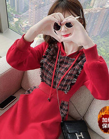 卫衣拼接连衣裙女漂亮衣服女生穿搭舒适洋气轻熟红色加绒加厚款休闲装