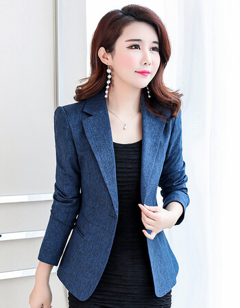 新款春秋装修身女士小西服长袖休闲气质小西装外套女短款上衣 蓝色 s