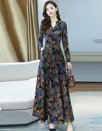 贞溪长袖连衣裙女早秋装长款碎花裙2021新款春秋装中年妈妈收腰遮肚