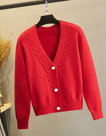 针织开衫外套女秋冬加厚毛衣高腰短款外穿宽松百搭韩版时尚红色624m