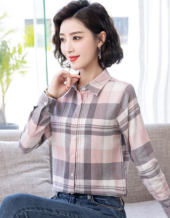 格子衬衫女长袖春秋装新款时尚显瘦上衣休闲百搭打底衫女士衬衣粉色l