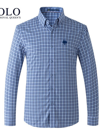 皇家保罗2021秋款新品衬衫男长袖休闲复古小格子衬衣设计感含羊毛浅蓝