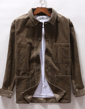 帝族秋冬季休闲复古夹克男翻领长袖外衣宽松灯芯绒男士外套 军绿色