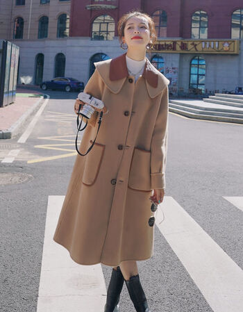 贤语韩版宽松小个子海军领毛呢外套女中长款新款加厚驼色呢子大衣图片