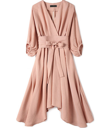 气质灯笼袖v领不规则绑带修身中长款时尚连衣裙 杏粉色 l