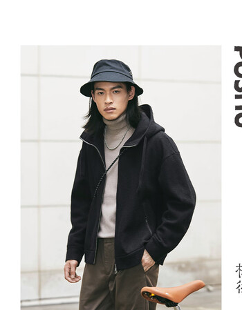 朴术男装冬季男装设计简约纯色羊毛夹克连帽开衫卫衣短款毛呢外套黑色