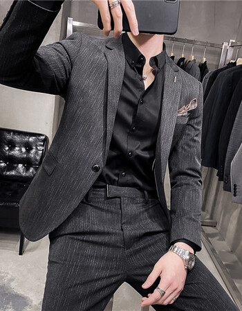 njw高端轻奢痞帅条纹小西装男套装青年韩版潮流修身休闲西服外套新郎
