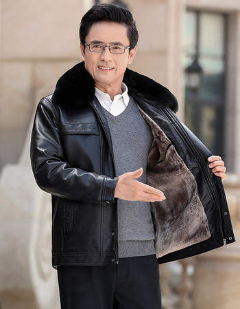 老头穿的翻领皮衣爸爸冬装外套加绒加厚男加肥加大皮袄50607080岁中