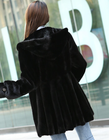 轻奢水貂皮草女整貂进口中长款海宁貂皮大衣女带帽外套裘皮 黑色一体