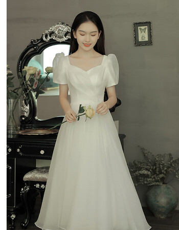 旅拍轻婚纱夏季方领中长白色简约超仙公主风礼服领证出门轻纱 白色 xs