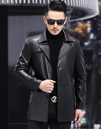 真皮大衣男长款中老年人绵棉羊皮风衣皮衣男长款海宁羊皮春秋风衣薄款