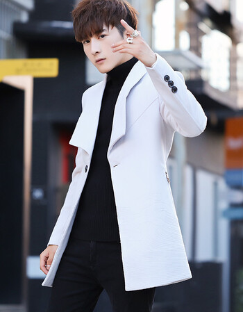 风衣男士大衣韩版修身短款学生青年潮流英伦妮子帅气毛呢外套 白色 送