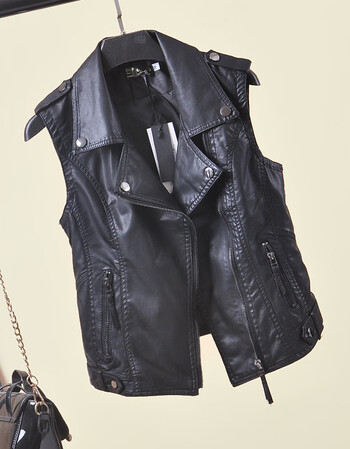 皮马甲女春秋季新款短款韩版修身显瘦无袖亮扣马夹皮衣pu外套 黑色 l