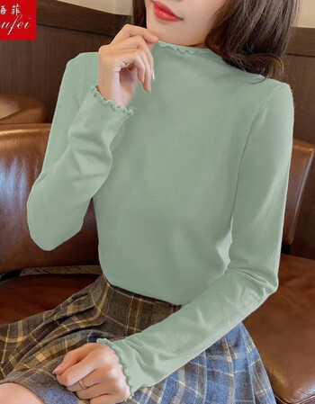 薄绒没绒新款秋冬季女学生木耳边高领内搭长袖t恤打底衫上衣女抹茶色