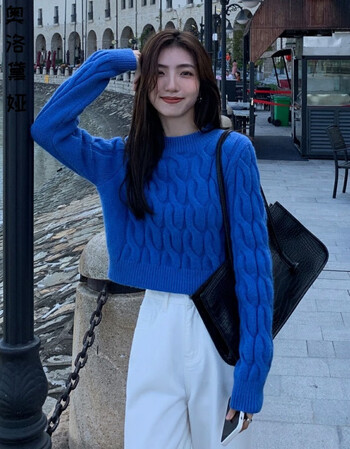 毛衣女短款慵懒风打底针织衫新款克莱因蓝色毛衣短款女生外穿内搭新款
