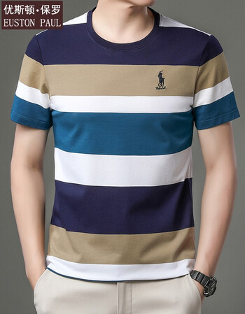 优斯顿保罗短袖t恤男圆领条纹休闲上衣夏季新款中青年半袖标准型时尚