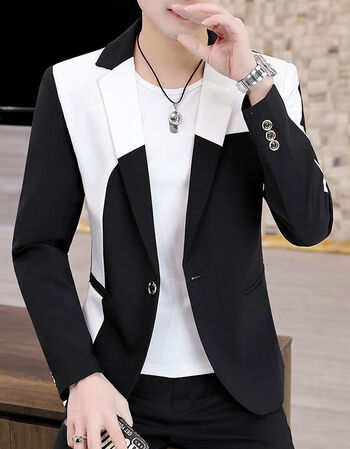 西装男士春季韩版帅气修身拼色小西服男社会小伙个性痞帅休闲外套sn