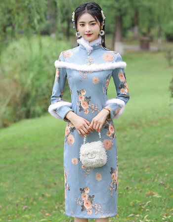 新款旗袍秋冬款加厚冬装2021年新款少女旗袍裙加绒改良版蓝色l64xxxxl