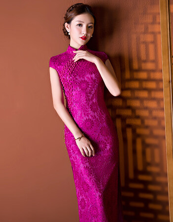 祺袍中长连衣裙旗袍秋季2019新款走秀优雅礼服女秋长款款h 玫红色蕾丝