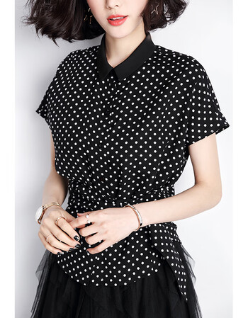 黑色波点印花t恤衬衫翻领短袖2019夏新款收腰显瘦上衣女 07黑底白点