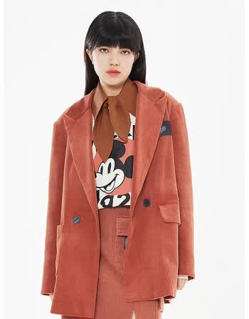 邦威外套女2021秋季新款mtee时光复刻系列mickey灯芯绒西装 壤红棕