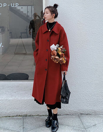 兮薇赫本红色双面羊绒大衣女冬2021年新款高端宽松长款过膝羊毛呢外套