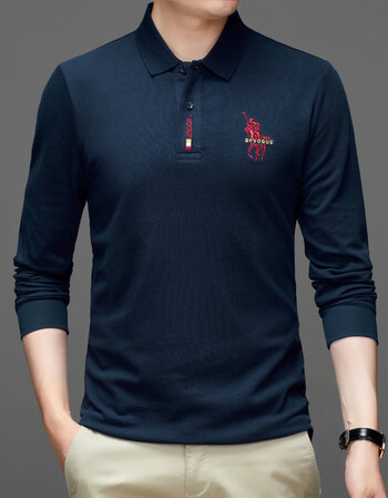 保罗贵族男士春秋纯棉长袖翻领polo衫刺绣马标保罗 宝蓝色 l/(120斤