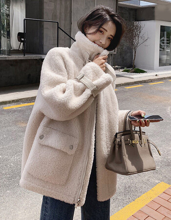 恒源祥羊羔毛外套女秋冬款韩版宽松中长款皮毛一体毛绒加厚女学生潮流