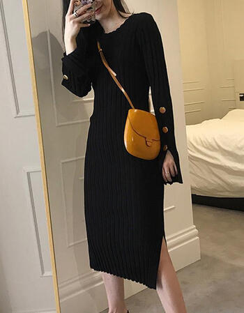 针织连衣裙毛衣2021秋冬新款女紧身开叉长裙款过膝气质打底裙黑色91l