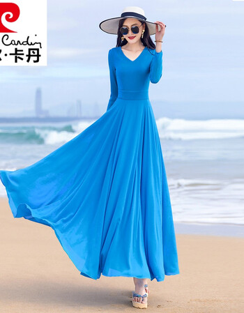 皮尔卡丹品牌轻奢高档女装2022夏季新款长袖气质雪纺显瘦长款大摆