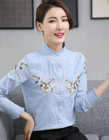 纯棉春秋装新款休闲风清新气质女木耳领上衣绣花立领长袖女衬衫超仙天