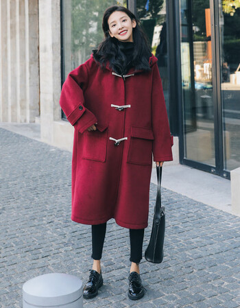 洛芊呢子大衣女秋冬季2018韩版中长款学生宽松加厚毛呢外套 酒红色 s