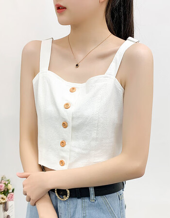白色吊带短款打底内搭沙滩背心女夏外穿高腰露肚脐短款单排扣上衣