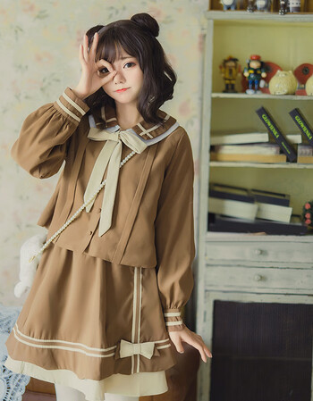 可爱学院风娃娃领学生上衣半裙套装jk制服裙春夏wy 棕色(上衣 半裙) s