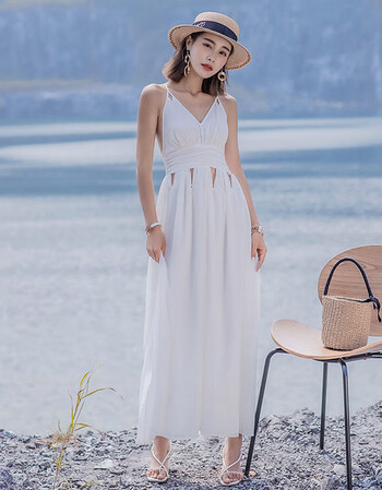 2019新款白色长裙女夏海边度假超仙气质雪纺吊带连衣裙露背沙滩裙仙女