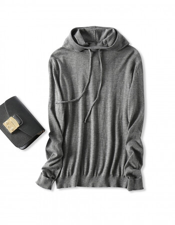 藏肉显瘦 美丽诺羊毛薄款连帽休闲针织衫女 灰色 均码