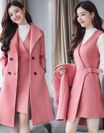 女人味时尚套装裙两件套2019秋冬装新款气质修身毛呢连衣裙潮 粉色