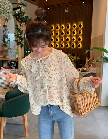 ①①快手抖音网红穿的春夏韩版荷叶边领喇叭袖系带碎花雪纺衬衫上衣