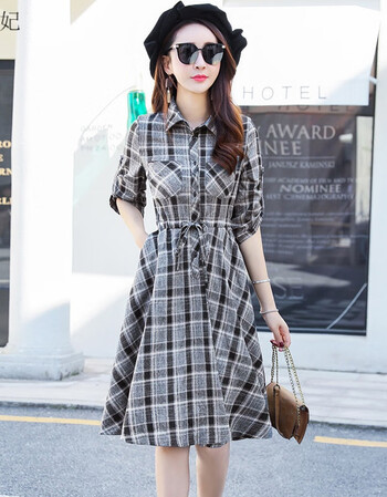 2018春秋季新款修身气质打底裙子时尚休闲中长款格子长袖连衣裙女 黑