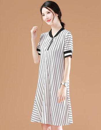 立领短袖连衣裙女宽松2019新款夏新款显瘦条纹中长a字裙 宽白条 m