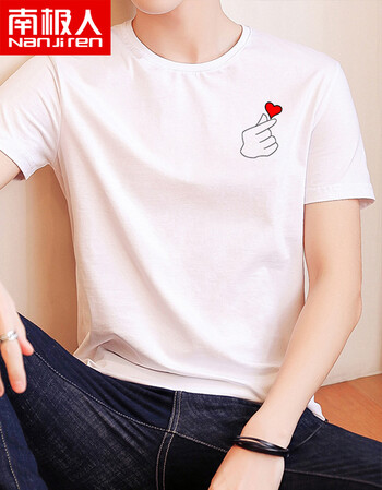 修身韩版潮流半袖白色学生夏季衣服男体恤2019新款 白t恤/胸标比心黑