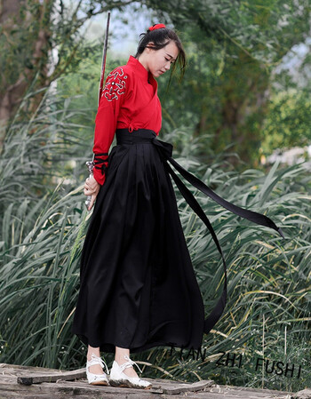 男女中国风改良学生情侣古风日常古装侠客襦裙秋 红色上襦 黑色襦裙